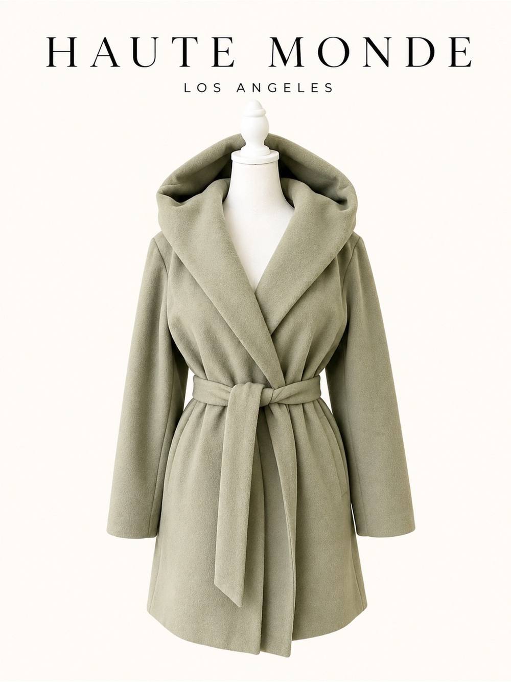 Haute Monde Sage Green Hooded Wrap Coat with Belt